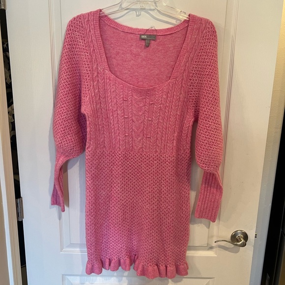asos design cable knit mini dress with volume sleeve ASOS Design Pink cable knit mini dress with volume sleeves Size 12
